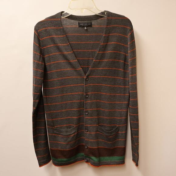 Twenty One Men Tunic Sweater Women SP Gray Orange Green Stripe Two Front Pocket - Picture 1 of 14
